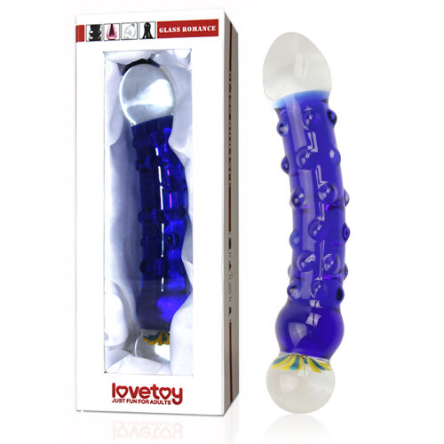 Modré sklenené dildo s výstupkami a zdobením 16 cm - 76274108