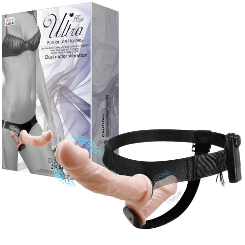 Telový obojstranný strap-on s vibráciami dva penisy 10 cm + 18 cm - 70636320