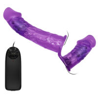 Fialový obojstranný strap-on s vibráciami dva penisy 10 cm + 18 cm - 77970723 - 2