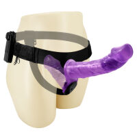 Fialový obojstranný strap-on s vibráciami dva penisy 10 cm + 18 cm - 77970723 - 3