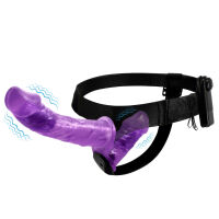 Fialový obojstranný strap-on s vibráciami dva penisy 10 cm + 18 cm - 77970723 - 4