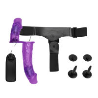 Fialový obojstranný strap-on s vibráciami dva penisy 10 cm + 18 cm - 77970723 - 5