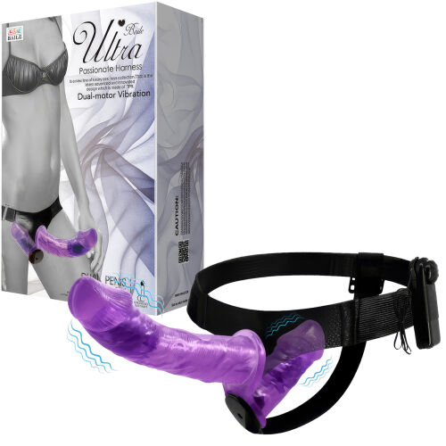 Fialový obojstranný strap-on s vibráciami dva penisy 10 cm + 18 cm - 77970723