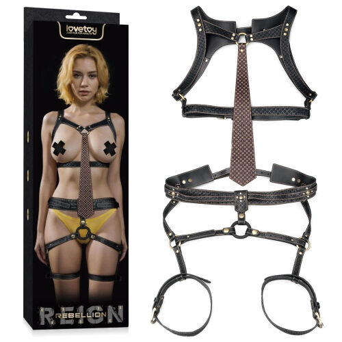 Rebellion zmyselná kožená postrojová harness s kravatou a ringom BDSM - 79373440