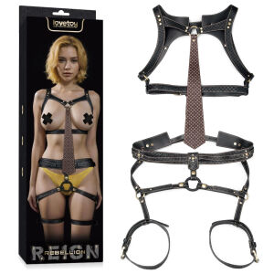Rebellion zmyselná kožená postrojová harness s kravatou a ringom BDSM - 79373440