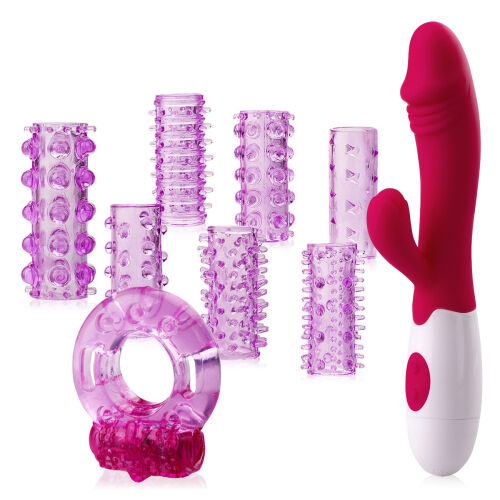 Sada pre páry - vibrátor, 7 nadstavcov na penis, vibrujúci krúžok - 73085631