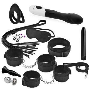 BDSM sada pre páry - 2 vibrátory, 2 análny kolíky, krúžok, putá - 71453021