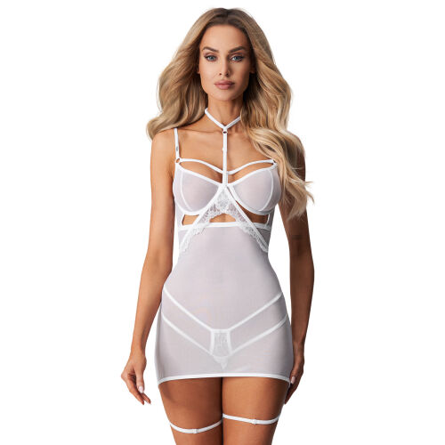 Obsessive Arrowel biela košeľa + choker a pásy na stehná - 76402025