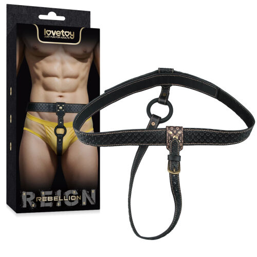 Rebellion regulovaný kožený pás strap-on so zlatými detailmi a krúžkom - 74528526